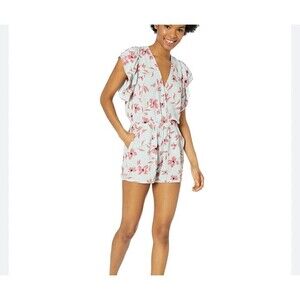 Billabong Ruffled Up Floral Green Pink Open Back Romper pockets floral SZ SM